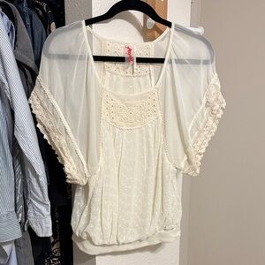 Free People Cream Crochet & Sheer Flutter Blouse